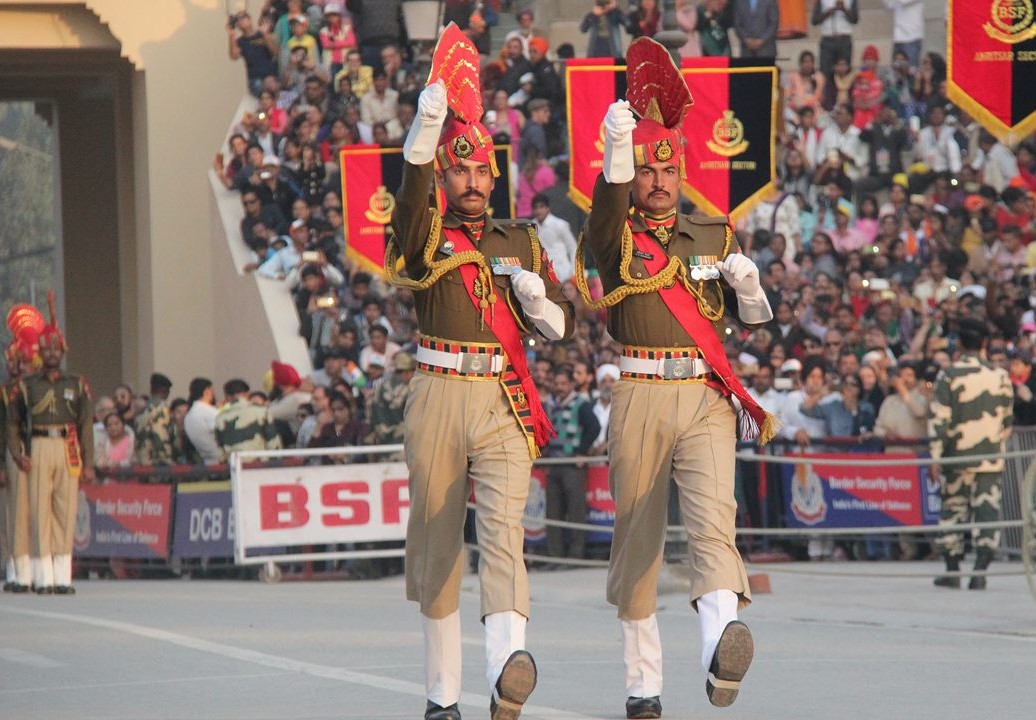 BSF soldiers performing at the Wagah border ceremony between India and Pakistan.
